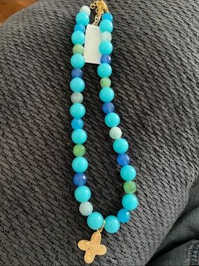 Susan Shaw Gold Cross Pendant Aqua & Blue Beaded Necklace - NWT